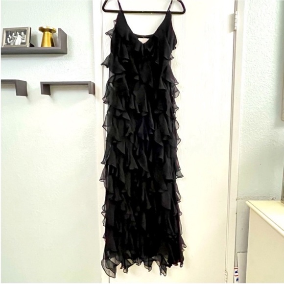BHLDN Jia Bias-Cut Ruffled Black Maxi Dress Sz 10